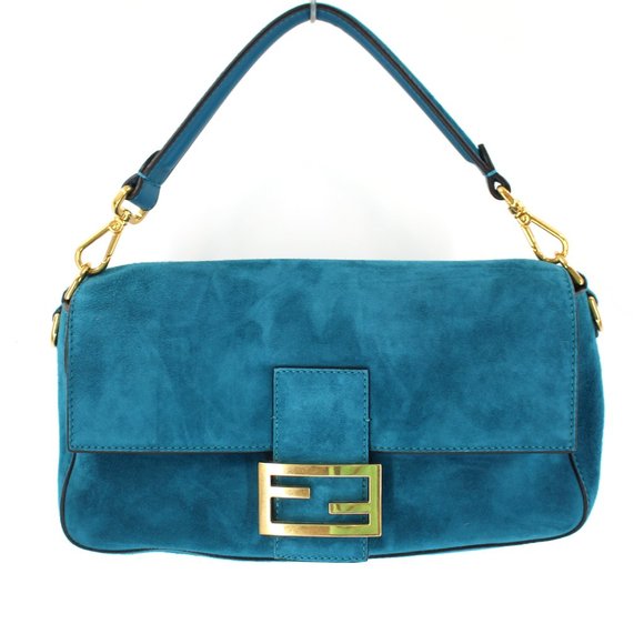 Fendi Handbags - Fendi FF Teal Blue Suede Leather Baguette Gold Chain Shoulder Bag Handbag Clutch